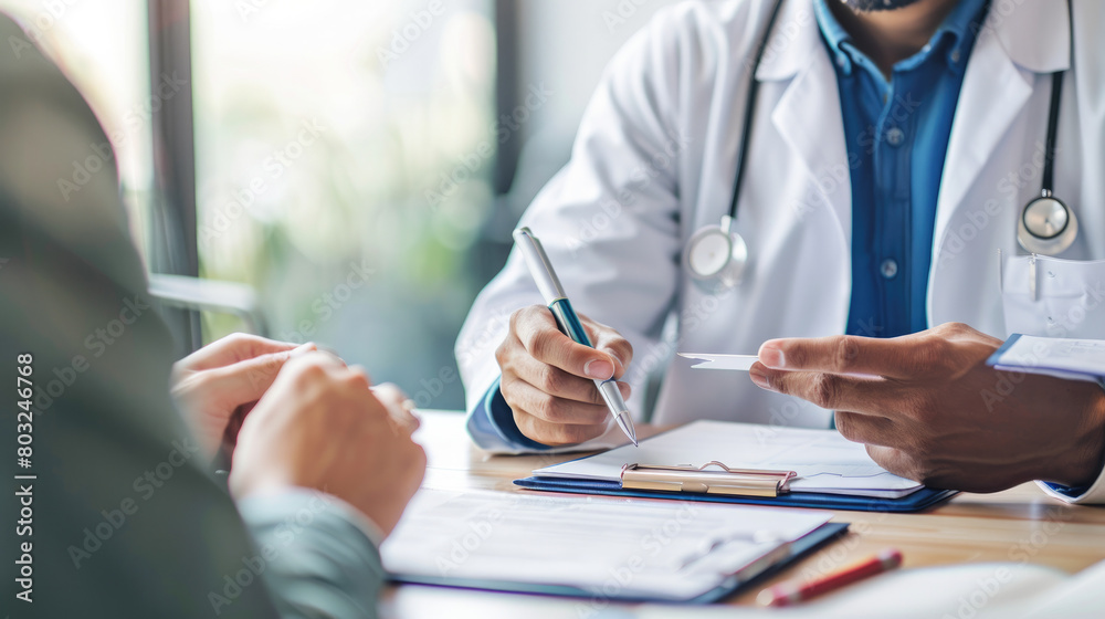 In a bright office, a doctor gives a patient a card, possibly containing medical information or appointment