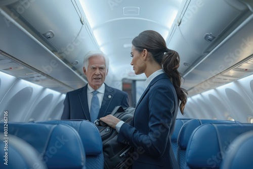 Two business professionals preparing for a flight in a modern airplane cabin, creating an air of corporate travel