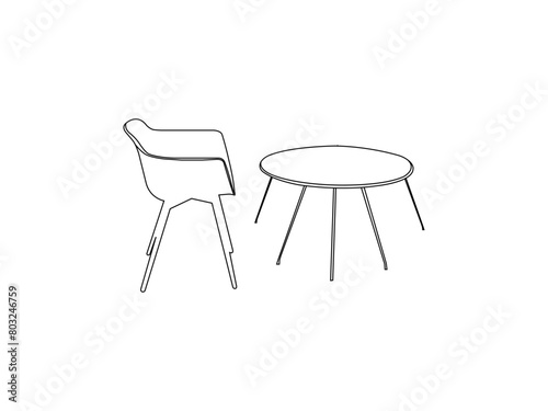 One chair and table outline design. Round table and chair line art. Modern wooden chair with dining table set isolated on a white background.