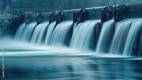 Long exposure shot of a hydroelectric dam with smooth water cascades, creating a serene yet powerful scene,