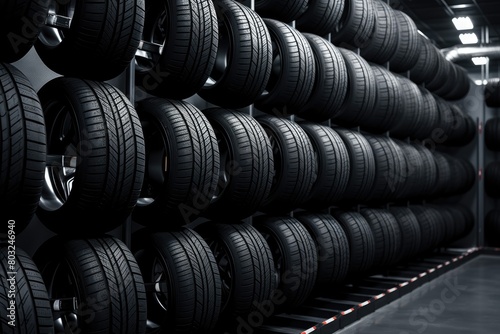 Rows of black rubber tires stacked against the wall of a modern service center  showcasing an organized and efficient workspace for auto servicing 