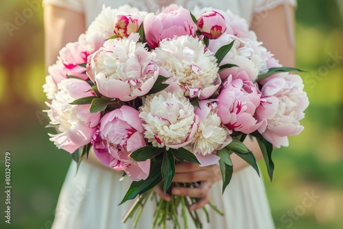 The delicate hands of a woman cradle an opulent bouquet of peonies