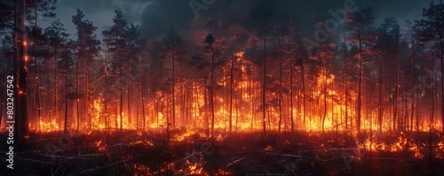 A forest engulfed in flames, highlighting the increasing frequency and intensity of wildfires photo