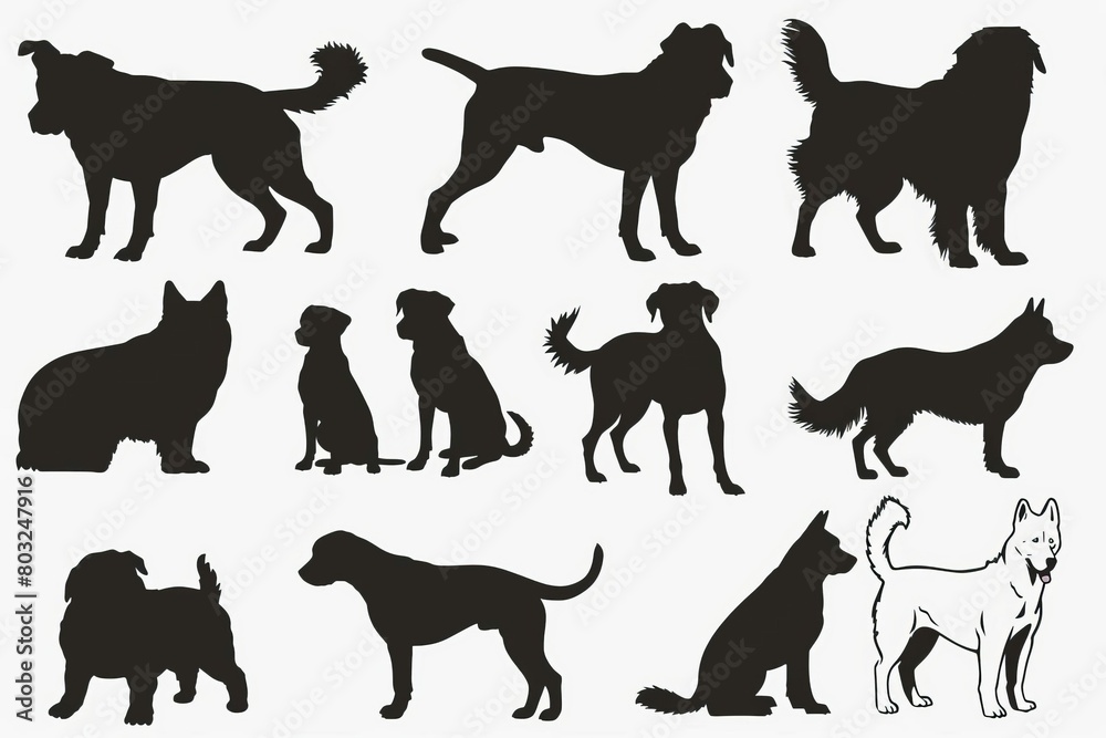 silhouettes of various dog breeds set on white background vector illustration
