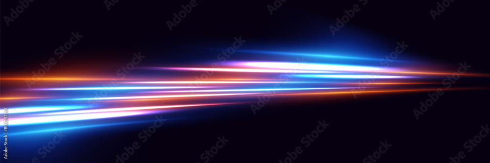 The effect of speed and neon lines. Dynamic movement of light rays.
