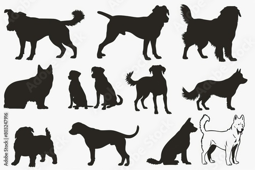 silhouettes of various dog breeds set on white background vector illustration