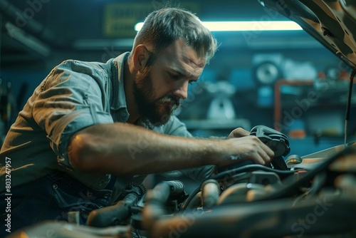 skilled auto mechanic fixing car engine under the hood professional repair service at workshop
