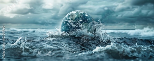 A rising tide engulfing a globe, representing the threat of rising sea levels photo