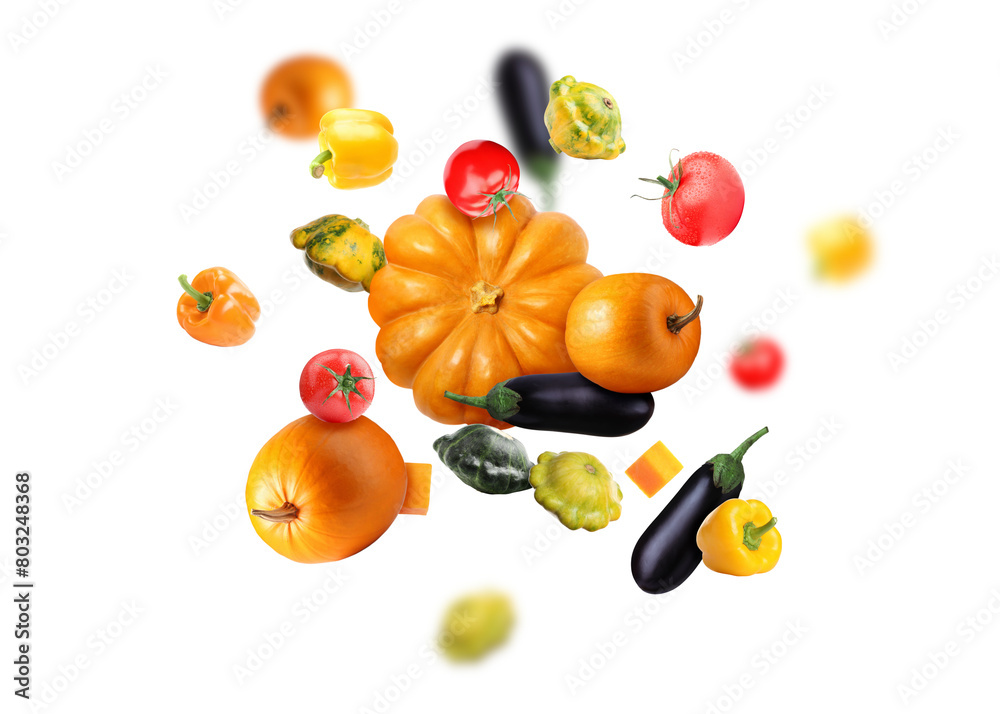 Different fresh vegetables in air on white background Different fresh vegetables in air on white background