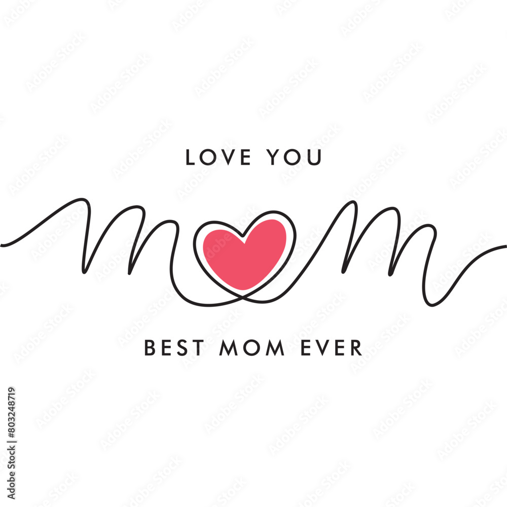 mom word hand drawn lettering in one line style and heart, black outline with pink heart,isolated vector illustration on white background,template for greeting cards,invitation,mother`s day,birthday