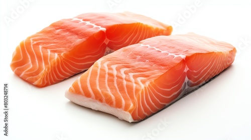 Two pieces of raw salmon fillet on a white background.