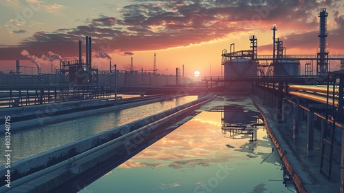 An industrial water treatment facility at sunset, showing the complex processes involved in purifying water on a large scale