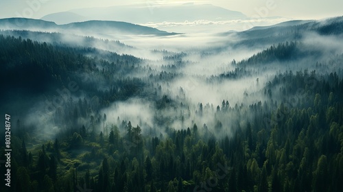 Misty forest landscape at sunrise with lush greenery