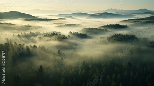 Misty forest sunrise with rolling hills and lush greenery