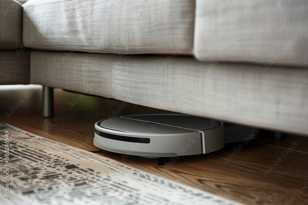 Modern robotic vacuum cleaner effortlessly glides under a sofa, showcasing its slim design and advanced technology for efficient cleaning and disinfection of home flooring