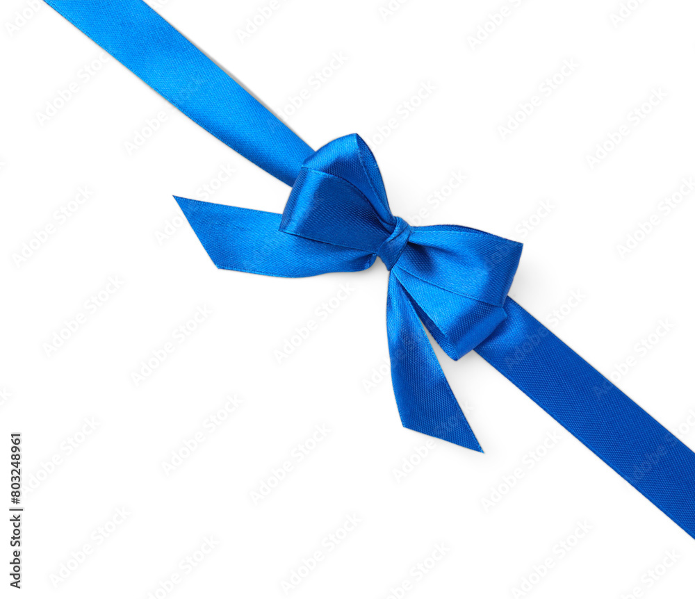 Blue satin ribbon with bow on white background, top view