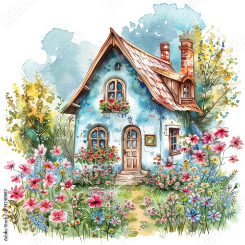 White background, house with flowers, cartoon style, watercolor illustration.