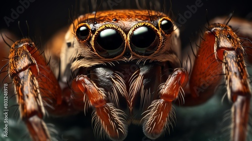 Take an extreme close up photograph of a jumping spider. Focus on the details of the spider's eyes and the hairs on its body.
