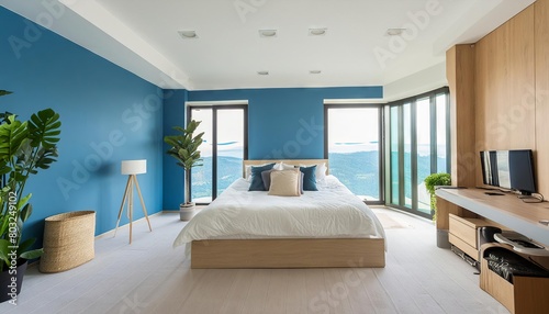 Simple modern bedroom interior ideas  blue wall  cozy bed  minimalistic design
