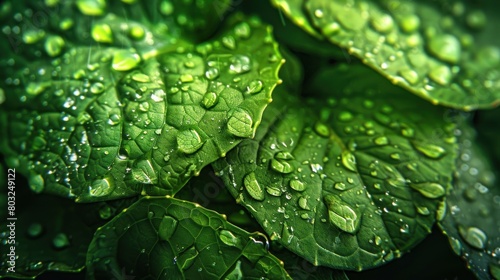 Close-up macro view of fresh green Lettuce leaves with water drops photo