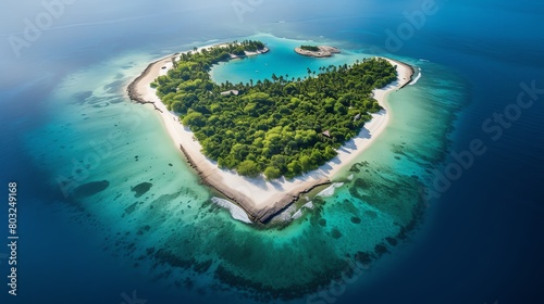 An island paradise in the middle of the ocean. White sand beaches, crystal clear waters, and lush green vegetation. photo