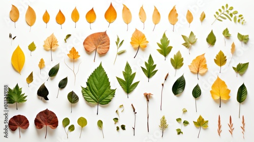A variety of autumn leaves are arranged on a white background
