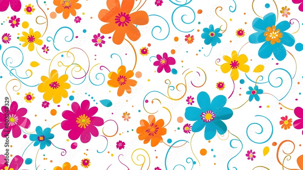 Vibrant Floral Patterns and Curly Swirls on White Background for Gift Wrap or Textile Design
