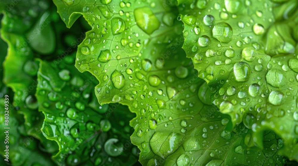 Close-up macro view of fresh green Lettuce leaves with water drops