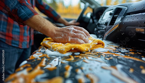 A man is cleaning a car interior with a yellow microfiber cloth,generative ai photo