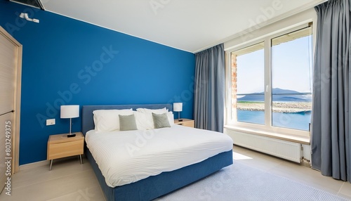 Simple modern bedroom interior ideas  blue wall  cozy bed  minimalistic design
