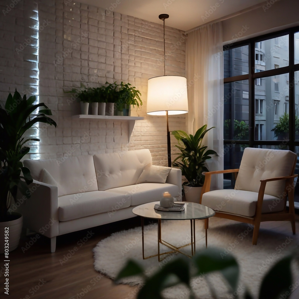 Luxury livingroom decoration or apartment interior design with houseplant, sofa, table, chair, holding light and furniture ai generative 