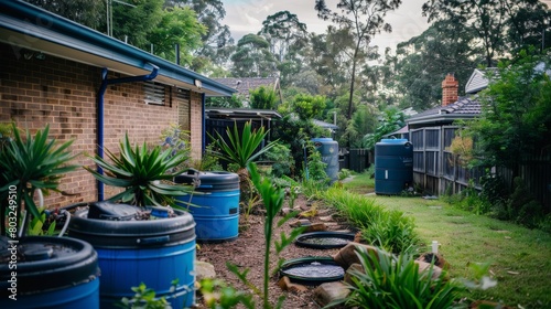 A home system for rainwater harvesting, featuring barrels and filtration units, set up in a suburban backyard