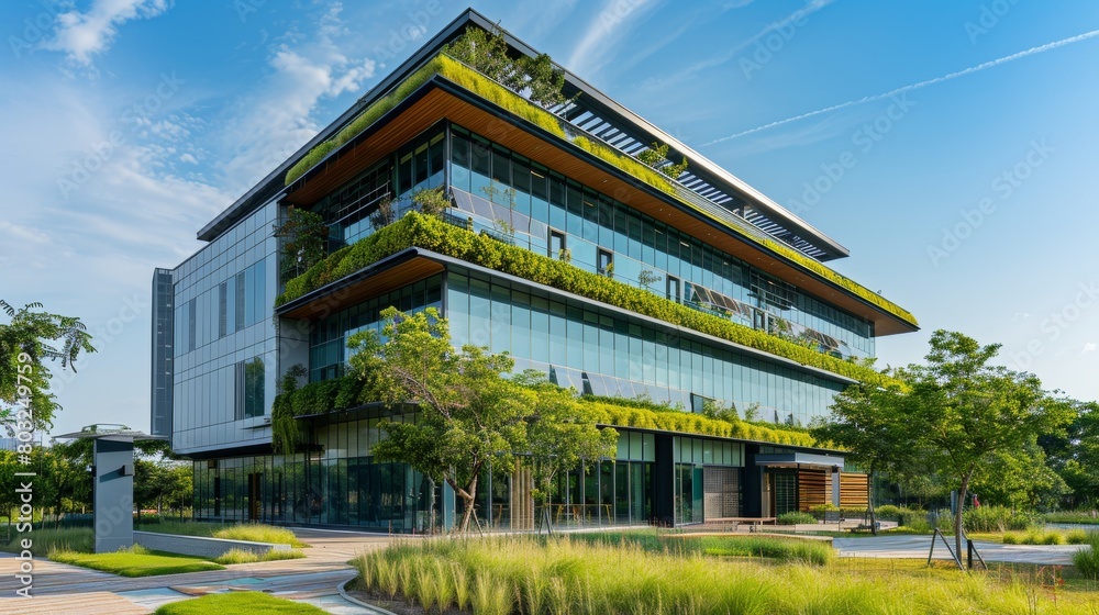 A modern office building with a green roof, solar panels, and energy-efficient windows