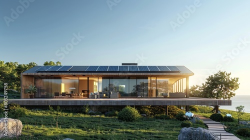 A modern home with a large array of solar panels on the roof, set against a clear blue sky