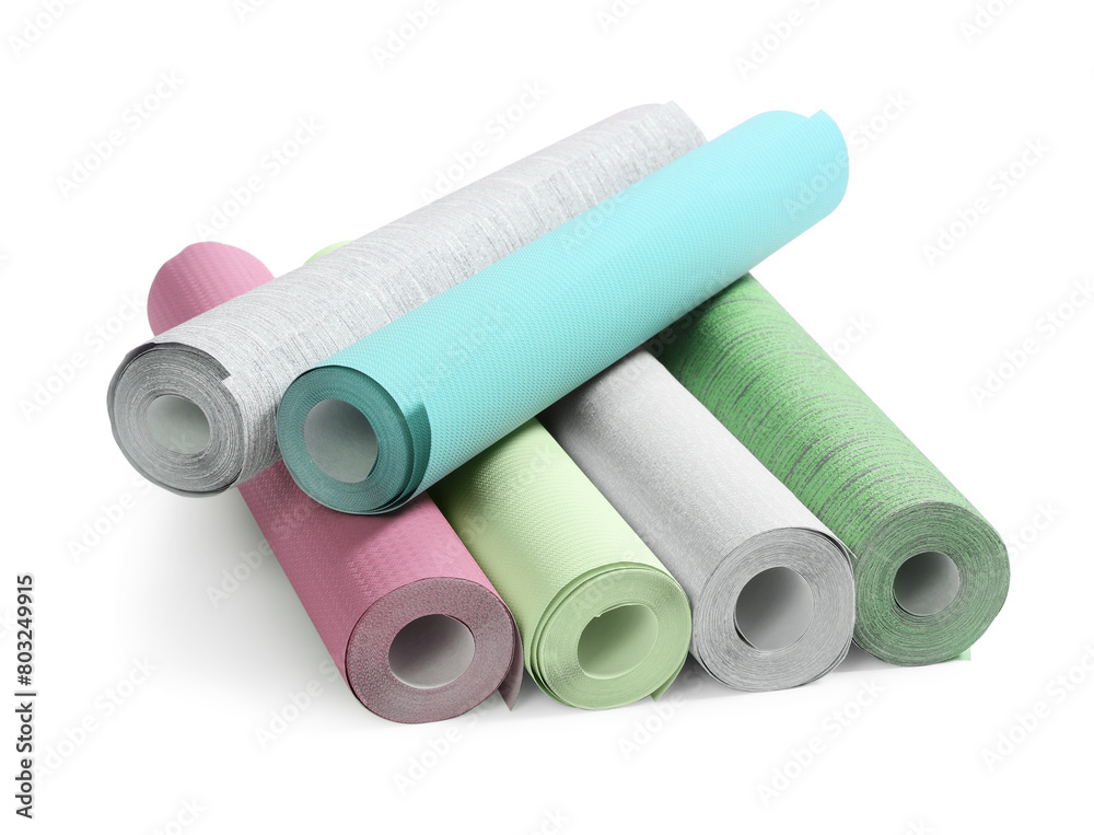 Different colorful wallpaper rolls isolated on white Different colorful wallpaper rolls isolated on white