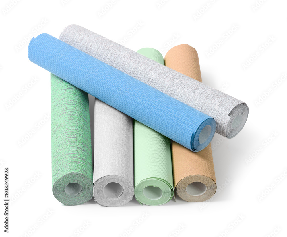 Different colorful wallpaper rolls isolated on white Different colorful wallpaper rolls isolated on white