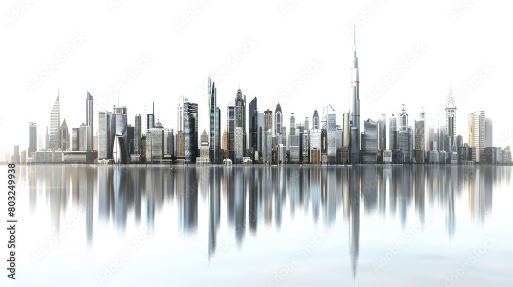 Explore the dynamic urban landscape with a panoramic view of skyscrapers and modern city buildings against a clean white background. Explore the dynamic urban landscape with a panoramic view of skyscrapers and modern city buildings against a clean white background.