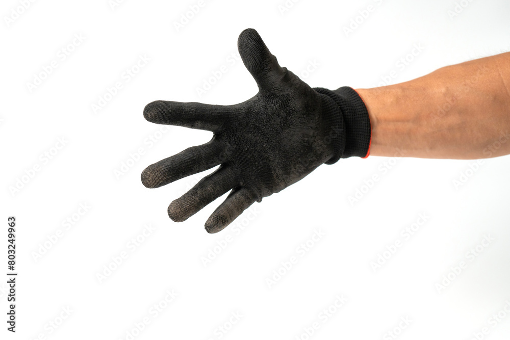 Fototapeta premium Man hand wearing black glove on white background
