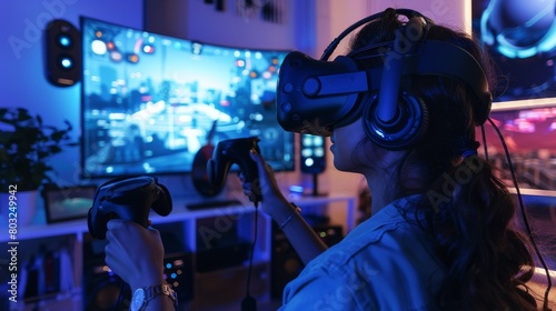 Young woman immersed in an advanced virtual reality gaming experience
