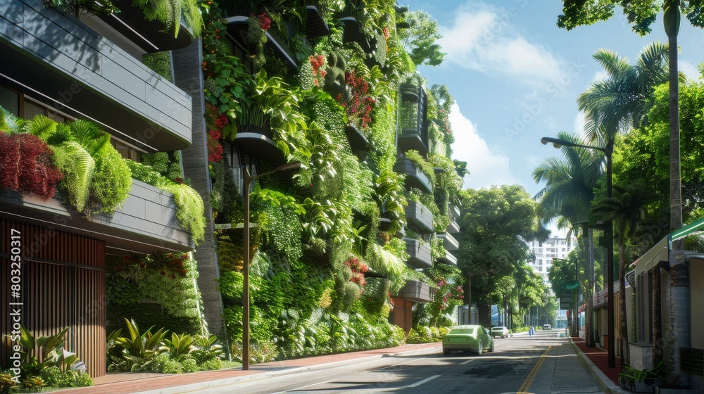 A series of vertical gardens along a city street, part of a municipal effort to increase green spaces and improve air quality