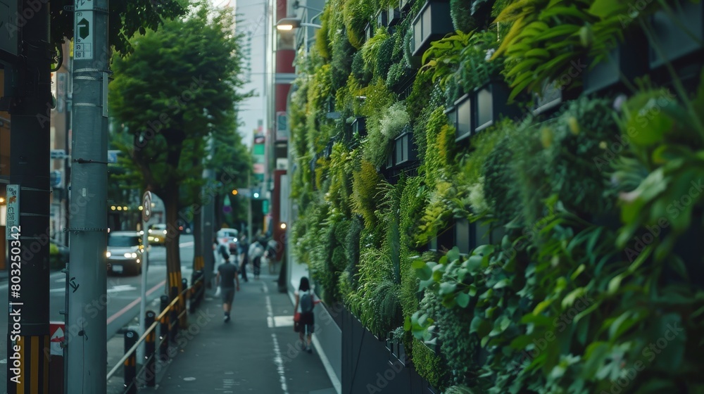 Obraz premium A series of vertical gardens along a city street, part of a municipal effort to increase green spaces and improve air quality
