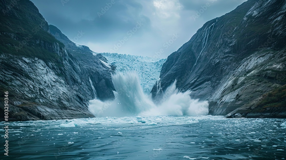 Majestic glacier calving into icy waters under overcast skies Majestic glacier calving into icy waters under overcast skies