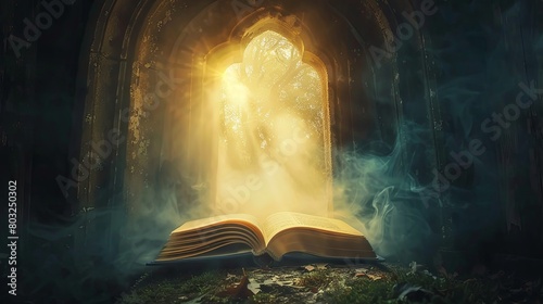 Enchanted book emitting mystical glow in ancient archway