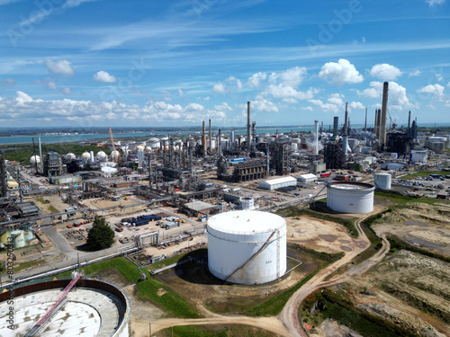 Oil refinery aerial view, shot from a drone. Production of oil and chemicals.