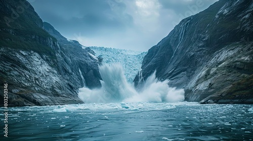 Majestic glacier calving into icy waters under overcast skies photo