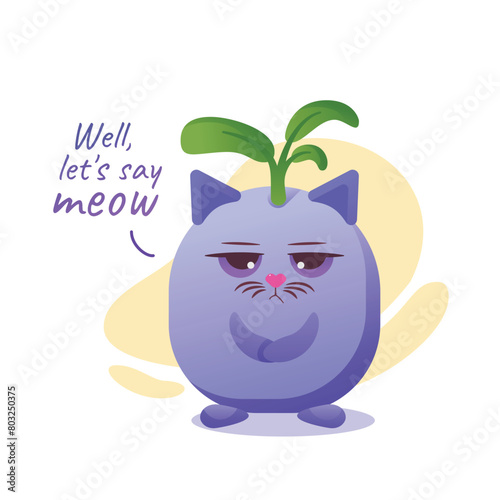 Vector illustration with a serious cat on a white background. Flower on the head on the head. Emotions.