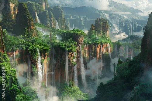 spectacular fantasy landscape featuring majestic waterfalls cascading down lush cliffs panoramic scenery digital matte painting 1
