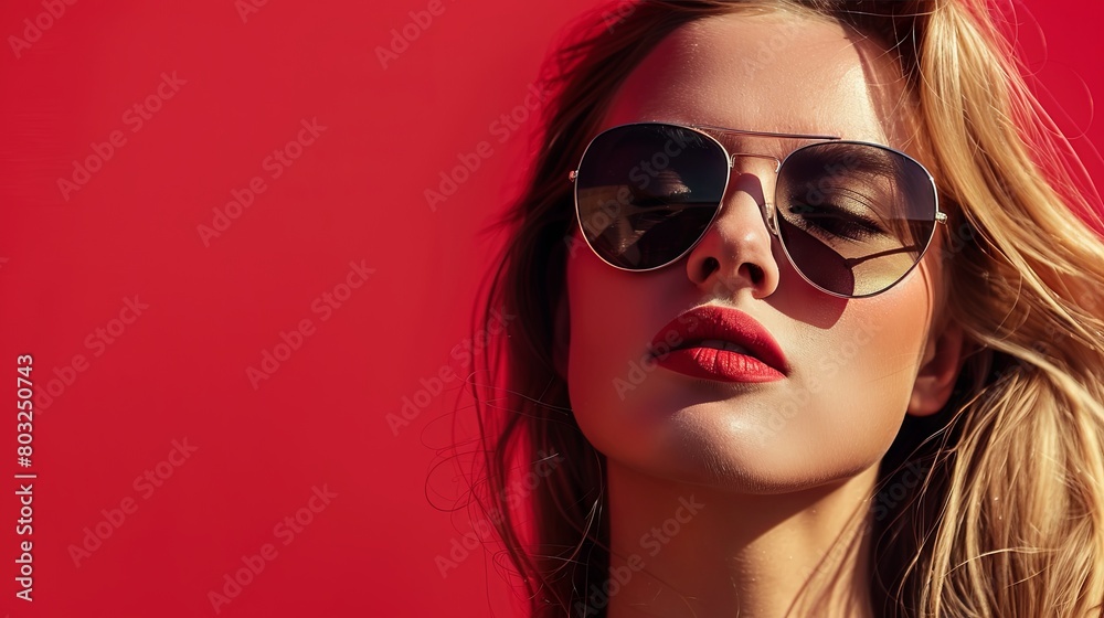 Fototapeta premium Fashionable young woman with sunglasses on red background