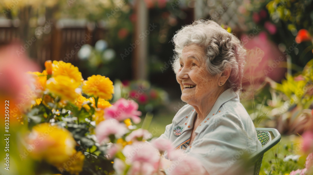 Joyful elderly woman smiling in a colorful garden Joyful elderly woman smiling in a colorful garden