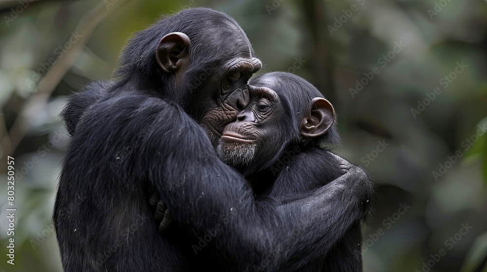 Tender moments between mother chimpanzee and baby in natural habitat Tender moments between mother chimpanzee and baby in natural habitat
